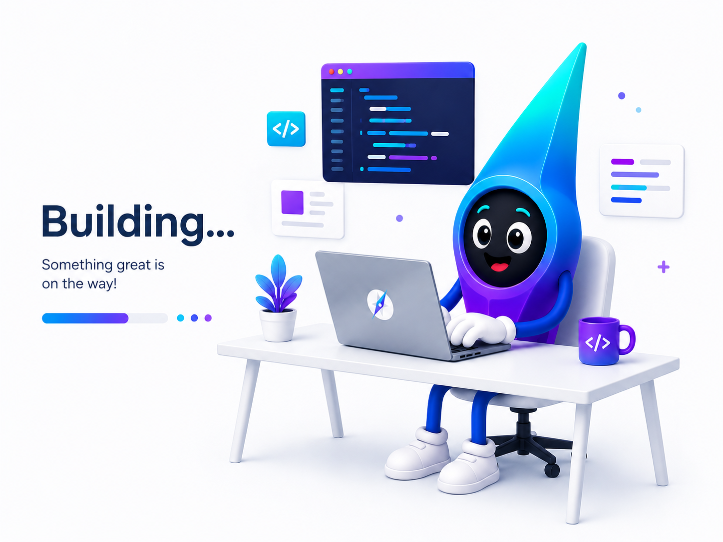 Needle, the Compass mascot, building the app on a laptop